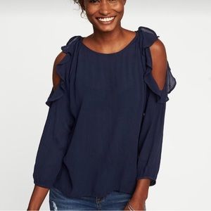 Worn once. Old Navy ruffle shirt w/ exposed shoulder. Size XS